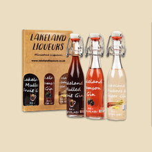 Load image into Gallery viewer, Three miniature bottles of Gin Liqueurs in presentation box